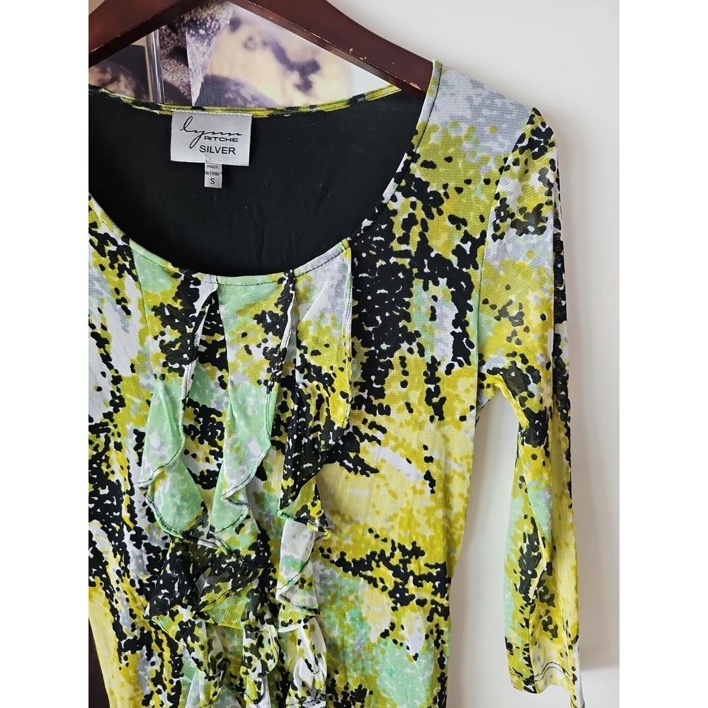 LYNN RITCHIE SILVER Ruffle Front Multicolor Patterned 3/4 Length Sleeve Top S - Picture 3 of 8